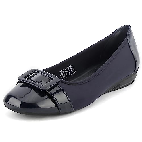 Greatonu Damen Casual Klassische Geschlossene Office Square Toe Ballerinas Buckle Flache Schuhe Navy EU 38 von Greatonu