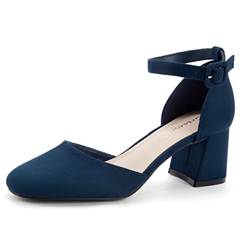 Greatonu Damen Pumps mit Knöchelriemen Spangenpumps Schnalle Pumps Fesselriemen Blockabsatz Riemchenpumps Sandale Absatzschuhe Geschlossene Eckige Spitze Pumps High Heels für Hochzeiten Party Blau 38 von Greatonu