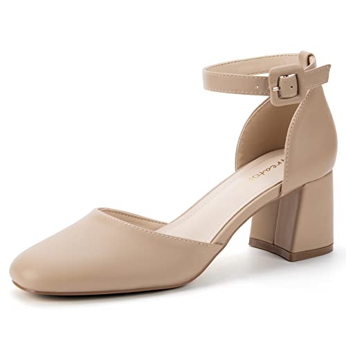 Greatonu Damen Pumps mit Knöchelriemen Spangenpumps Schnalle Pumps Fesselriemen Blockabsatz Riemchenpumps Sandale Absatzschuhe Geschlossene Eckige Spitze Pumps High Heels für Hochzeiten Party Beige 41 von Greatonu