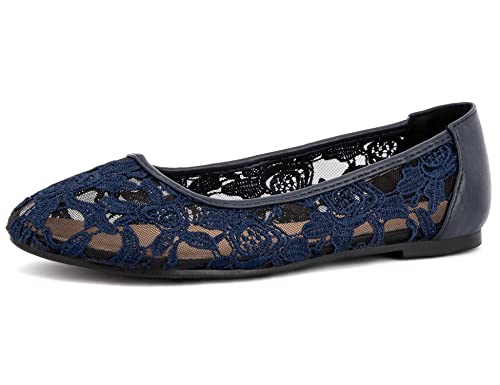 Greatonu Damen Geschlossene Ballerinas Brautschuhe atmungsaktiv Lace Flache Schuhe Blau Größe EU 37 von Greatonu