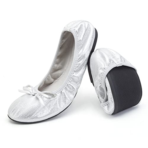 Greatonu Damen Foldable Ballet Flats Comfort Portable Travel Slip on Slipper Shoes Silver EU 36 von Greatonu