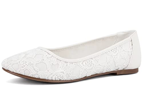 Greatonu Damen Geschlossene Ballerinas Brautschuhe atmungsaktiv Lace Flache Schuhe Weiß mit Futter Größe 41 von Greatonu