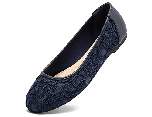 Greatonu Damen Geschlossene Ballerinas Brautschuhe atmungsaktiv Lace Flache Schuhe Blau mit Futter Größe 38 von Greatonu