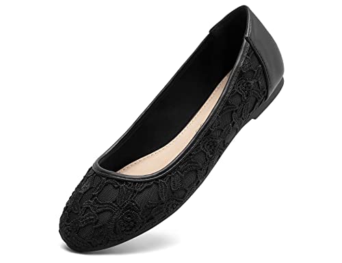 Greatonu Damen Geschlossene Ballerinas Brautschuhe atmungsaktiv Lace Flache Schuhe Schwarz mit Futter Größe 37 von Greatonu