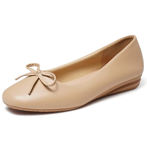 Greatonu Damen Geschlossene Ballerinas Flache Schuhe Klassische Ballerinas für Damen mit Schleife Flat Ballet, Beige, 37 EU von Greatonu