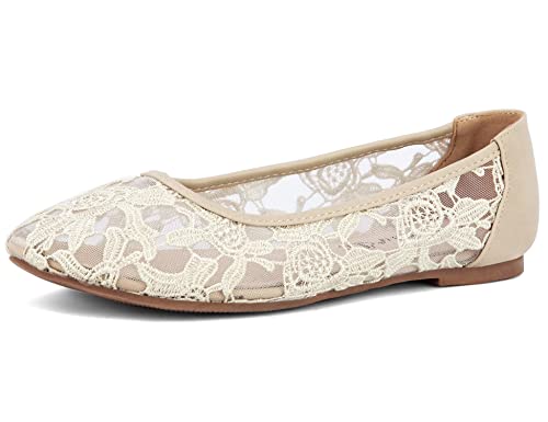 Greatonu Damen Geschlossene Ballerinas Brautschuhe atmungsaktiv Lace Flache Schuhe Beige Größe EU 39 von Greatonu