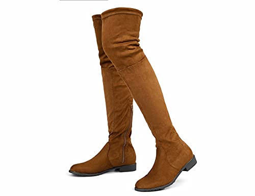 Greatonu Damen Overknee Oberschenkel Hoch Niedriger Blockabsatz Spitze Zehe Reiten Stretch Lange Flache Stiefel Frühling Herbst Winter 0.98 inchs Camel EU 41 von Greatonu