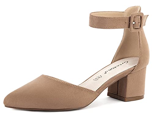 Greatonu Damen Pumps Velour Knöchel-Riemchen Blockabsatz Sandalen Beige Größe 40EU von Greatonu