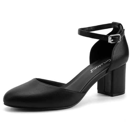 Greatonu Damen Pumps Riemchenpumps Spangenpumps Sandale mit Knöchelriemen Blockabsatz Geschlossener Spitze Glitzer Pumps - Perfekt für Hochzeiten und Partys Schwarz Kunstleder 37 EU von Greatonu