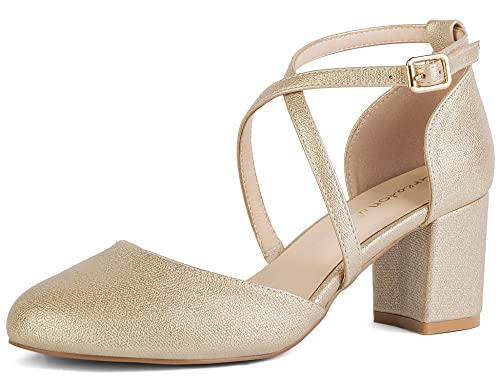 Greatonu Damen Pumps Riemchenpumps Spangenpumps Sandale mit Kreuz Knöchelriemen Blockabsatz Geschlossener Spitze Glitzer Pumps - Perfekt für Hochzeiten und Partys Golden 36 EU von Greatonu