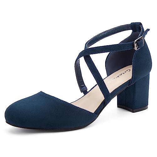 Greatonu Damen Pumps Riemchenpumps Spangenpumps Sandale mit Kreuz Knöchelriemen Blockabsatz Geschlossener Spitze Glitzer Pumps - Perfekt für Hochzeiten und Partys Blau 42 EU von Greatonu