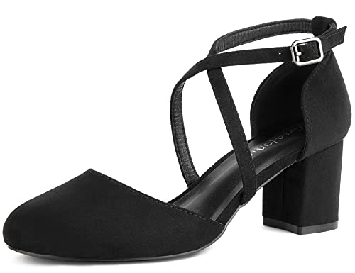 Greatonu Damen Pumps Riemchenpumps Spangenpumps Sandale mit Kreuz Knöchelriemen Blockabsatz Geschlossener Spitze Glitzer Pumps - Perfekt für Hochzeiten und Partys Schwarz 42 EU von Greatonu