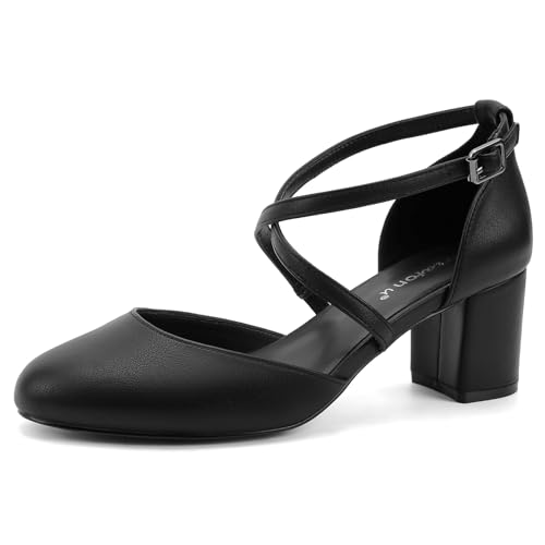 Greatonu Damen Pumps Riemchenpumps Spangenpumps Sandale mit Kreuz Knöchelriemen Blockabsatz Geschlossener Spitze Glitzer Pumps - Perfekt für Hochzeiten und Partys Schwarz Kunstleder 36 EU von Greatonu