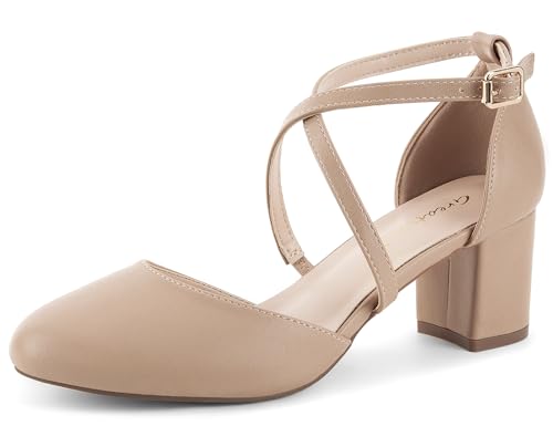 Greatonu Damen Pumps Riemchenpumps Spangenpumps Sandale mit Kreuz Knöchelriemen Blockabsatz Geschlossener Spitze Glitzer Pumps - Perfekt für Hochzeiten und Partys Beige 40 EU von Greatonu