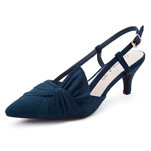 Greatonu Damen Pumps Schleife Kitten Absatz Slingback Pointed Toe Sandalen Blau Größe 36EU von Greatonu