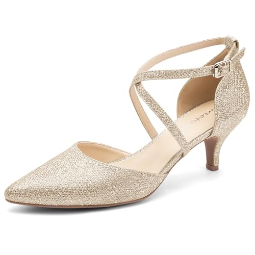 Greatonu Damen Pumps aus Veloursleder mit Kittenabsatz Pointed Toe Gold Glitter Größe 39 von Greatonu