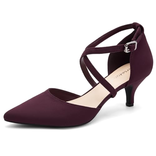 Greatonu Damen Pumps mit Knöchelriemchen und Kittenheel Pointed Toe Burgund Größe 36 EU von Greatonu