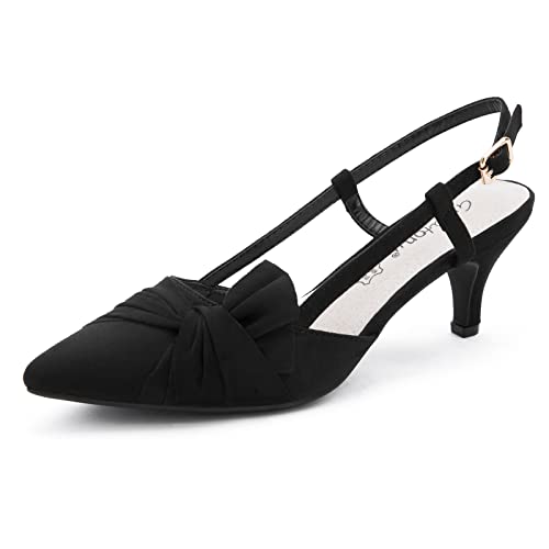 Greatonu Damen Sandalen Schleife Kitten Absatz Slingback Pointed Toe Pumps Schwarz Größe 36EU von Greatonu