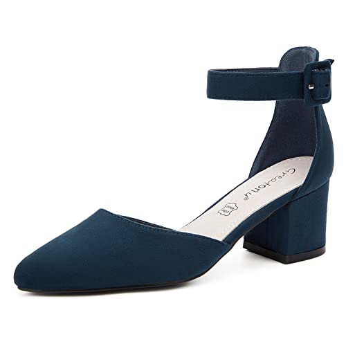 Greatonu Damen Sandalen Velour Knöchel-Riemchen Blockabsatz Pointed Toe Blau Größe 40EU von Greatonu