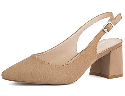 Greatonu Damen Spitzschuh Slingback Pumps Blockabsatz Damen Pumps Knöchelriemen Kleid Sandalen Beige EU 38 von Greatonu