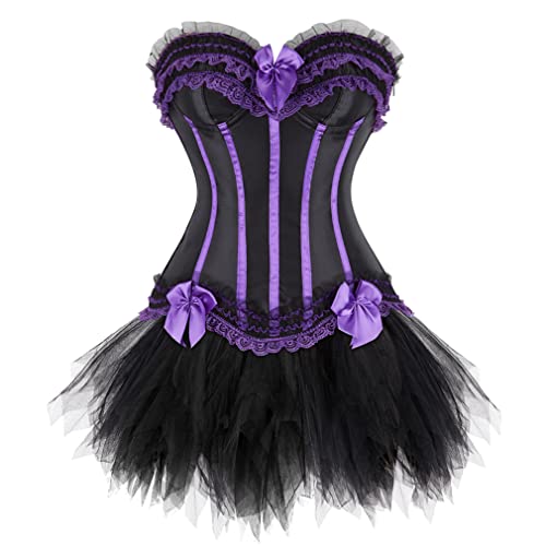 Grebrafan Burlesque Corsage mit Minirock Tutu Gestreift Korsett Reißverschluss Damen (EUR(48-50) 6XL, Lila) von Grebrafan