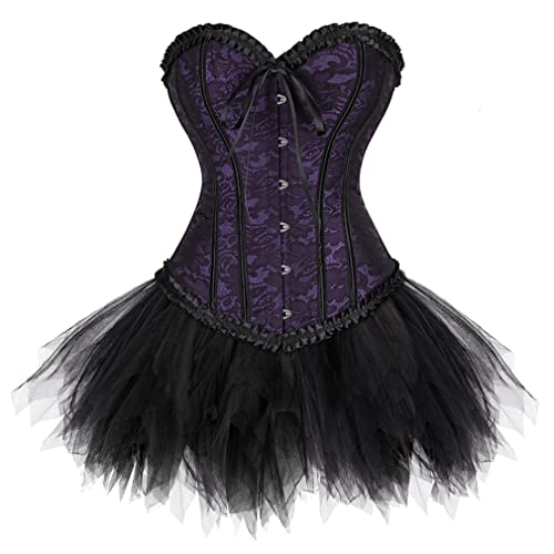 Grebrafan Burlesque Corsage mit Minirock Tutu Renaissance Korsett Damen (EUR(30-32) XS, Lila) von Grebrafan