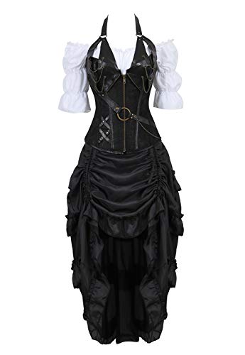 Grebrafan Corsage Halloween Kostüm Karneval Steampunk Leder Korsett Piraten (EUR(38-40) XL, Schwarz) von Grebrafan