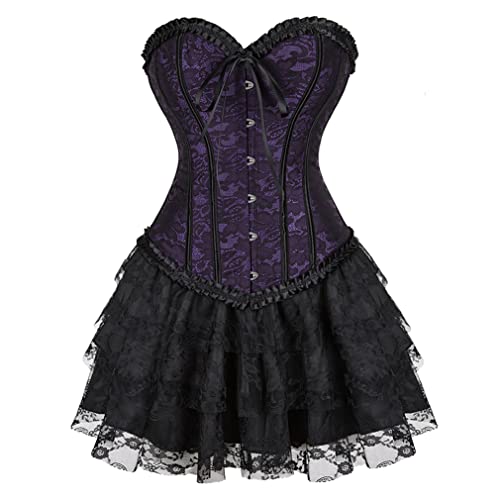 Grebrafan Gothic Corsage Korsett mit Tüll Rock Renaissance Korsage Damen (EUR(48-50) 6XL, Lila) von Grebrafan