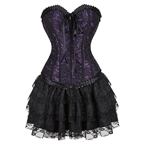 Grebrafan Gothic Corsage Korsett mit Tüll Rock Renaissance Korsage Zip Damen (EUR(36-38) L, Lila) von Grebrafan