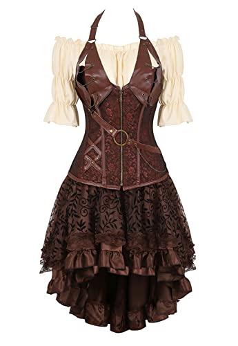 Grebrafan Steampunk Corsage Halloween Kostüm Karneval Leder Korsett mit Piraten Rock und Bluse (EUR(34-36) M, Schwarz) von Grebrafan