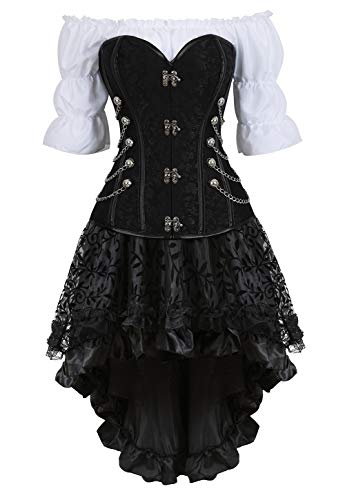 Grebrafan Steampunk Corsage Halloween Kostüm Karneval Taillen Korsett mit Piraten Rock und Bluse (EUR(42-44) 3XL, Schwarz) von Grebrafan