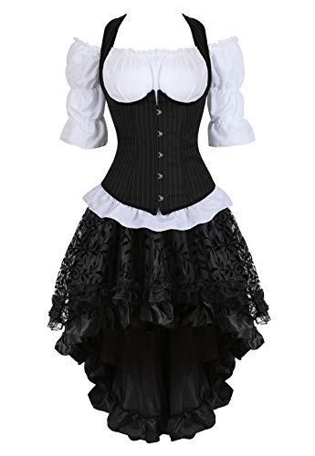 Grebrafan Steampunk Corsage Kostüm Karneval Gestreift Korsett mit Piraten Rock und Bluse (EUR(36-38) L, Schwarz) von Grebrafan