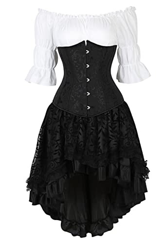 Grebrafan Damen Corsage Unterbrust Spitze Faschings Kostüm Korsett Rock Gothic Bluse Set (EUR(34-36) M, Schwarz) von Grebrafan