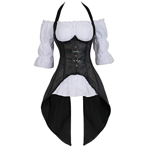 Grebrafan Steampunk Corsage Kostüm Karneval Korsett mit Piraten Bluse (EUR(46-48) 5XL, Schwarz) von Grebrafan