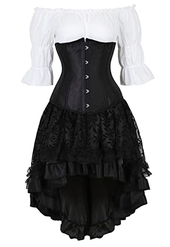 Grebrafan Damen Corsage Unterbrust Satin Halloween Kostüm Korsett Rock Gothic Bluse Set (EUR(44-46) 4XL, Schwarz) von Grebrafan