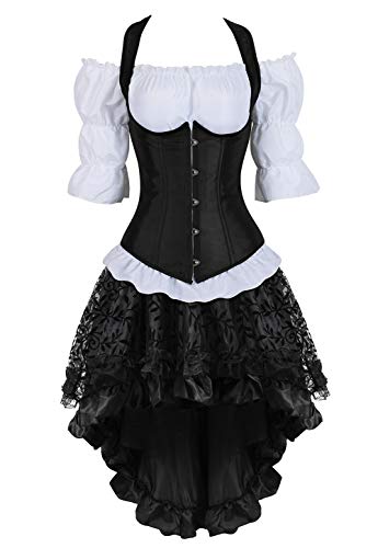 Grebrafan Steampunk Corsage Kostüm Karneval Unterbrust Korsett mit Piraten Rock und Bluse (EUR(34-36) M, Schwarz) von Grebrafan