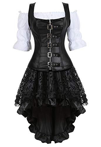 Grebrafan Steampunk Corsage Party Kostüm Karneval Leder Korsett mit Piraten Rock und Bluse (EUR(32-34) S, Schwarz) von Grebrafan