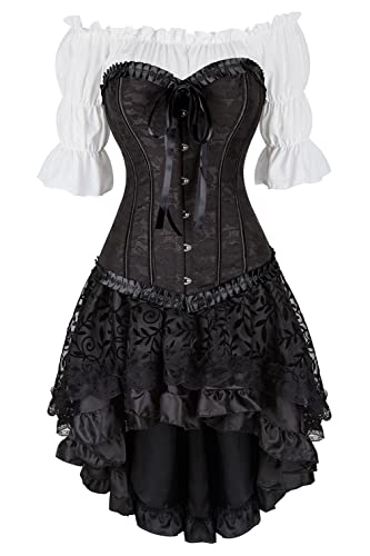 Grebrafan Steampunk Corsage Party Kostüm Karneval Renaissance Korsett mit Piraten Rock und Bluse (EUR(40-42) 2XL, Schwarz) von Grebrafan