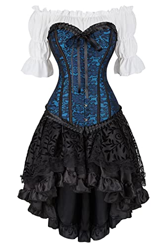 Grebrafan Steampunk Corsage Party Kostüm Karneval Renaissance Korsett mit Piraten Rock und Bluse (EUR(44-46) 4XL, Blau) von Grebrafan