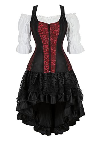 Grebrafan Steampunk Corsage Party Kostüm Karneval Strapse Korsett mit Piraten Rock und Bluse (EUR(34-36) M, Rot) von Grebrafan