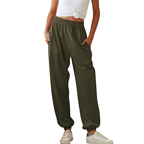 Greensen Damen Freizeit Hose Casual Elastische Trainingshose Einfarbig Freizeithose Elastische Taille Lange Jogginghose (XXL-Armeegrün) von Greensen