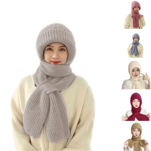 Greenyre Damen Verdickter MüTze Mit Schal,Integrierter GehöRschutz Winddichte MüTze Schal,Schal MüTze 2 In 1 Warmer StrickmüTze Maskenschal StrickmüTze, Kapuzenschal FüR Frauen Winter von Greenyre