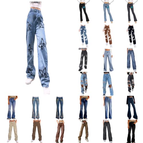 Gsheocm Damen Straight Jeans y2k Jeans Kleidung Mädchen Teenager Jeanshosen Frauen breite Hosen Hosen gerade Bedruckte Damenbeinjeans Teenager Klamotten Mädchen Trend von Gsheocm