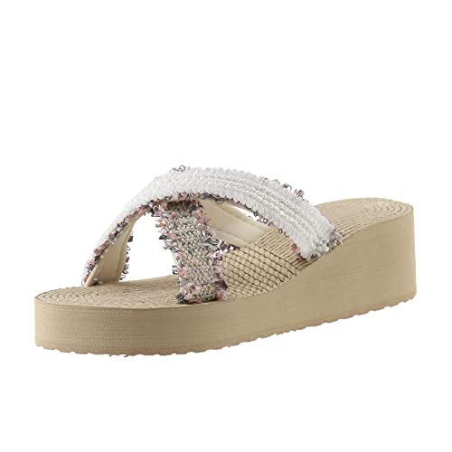 Sandalen mit Keilabsatz Damen Mode Frühling und Sommer Damen Hausschuhe Dicker unterer Keilabsatz leichte Perle Pailletten Strandstil Pantoletten von Gsheocm