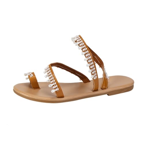 Zehensandalen Damen, Sandalen Damen Sommer, Komfort Geteilten Sandaletten Leichte Atmungsaktiv Strandsandalen Mode Freizeit Flache Sandale Offene Zehe Tanga Sandalen von Gsheocm