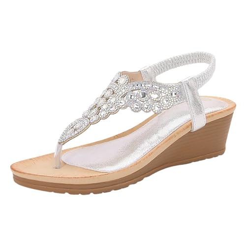 Zehensandalen Damen, Sandalen Damen Sommer, Komfort Geteilten Sandaletten Strasssteinen Leichte Strandsandalen Freizeit Fashion Plateausandalen Offene Zehe Tanga Sandalen von Gsheocm