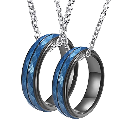 Anhänger Pärchen Kette, Halskette Wolfram Unisex Gravur Vielfältig Schwarz und Blau Ring 5mm Paar Halskette Damen 54 + Herren 60 von Gualiy