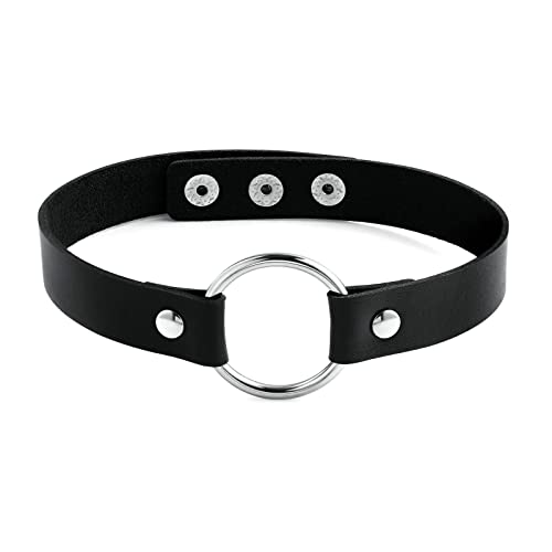 Gualiy Damen Choker Halsband, Choker Kette Silber Kreis Punk Rock Halskette Schwarz Einstellbar Lederhalsband Tattoo Choker für Frauen Mädchen 40CM von Gualiy