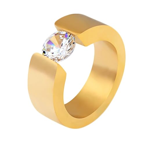 Gualiy Edelstahl Ring für Herren, Gold Verlobungsring für Frauen 8MM Ring mit Rund Zirkonia Ring Größe 62 (19.7) von Gualiy