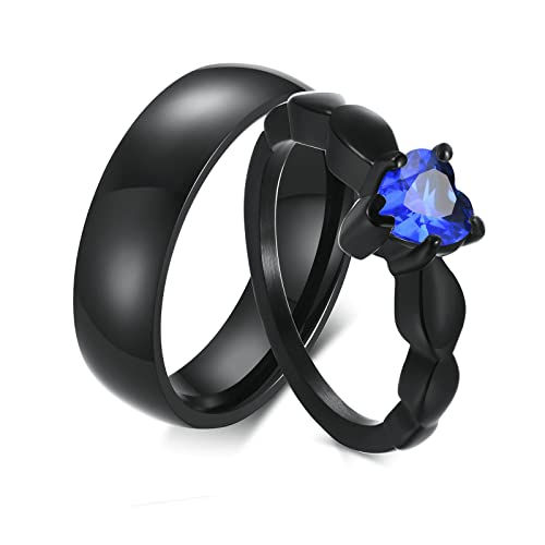 Gualiy Edelstahlring Hochzeit, Partnerringe Eheringe Verlobungsringe 6MM Schwarzer Ring mit Blau Zirkonia Herz Ringe Damen 52 (16.6) & Herren 67 (21.3) von Gualiy